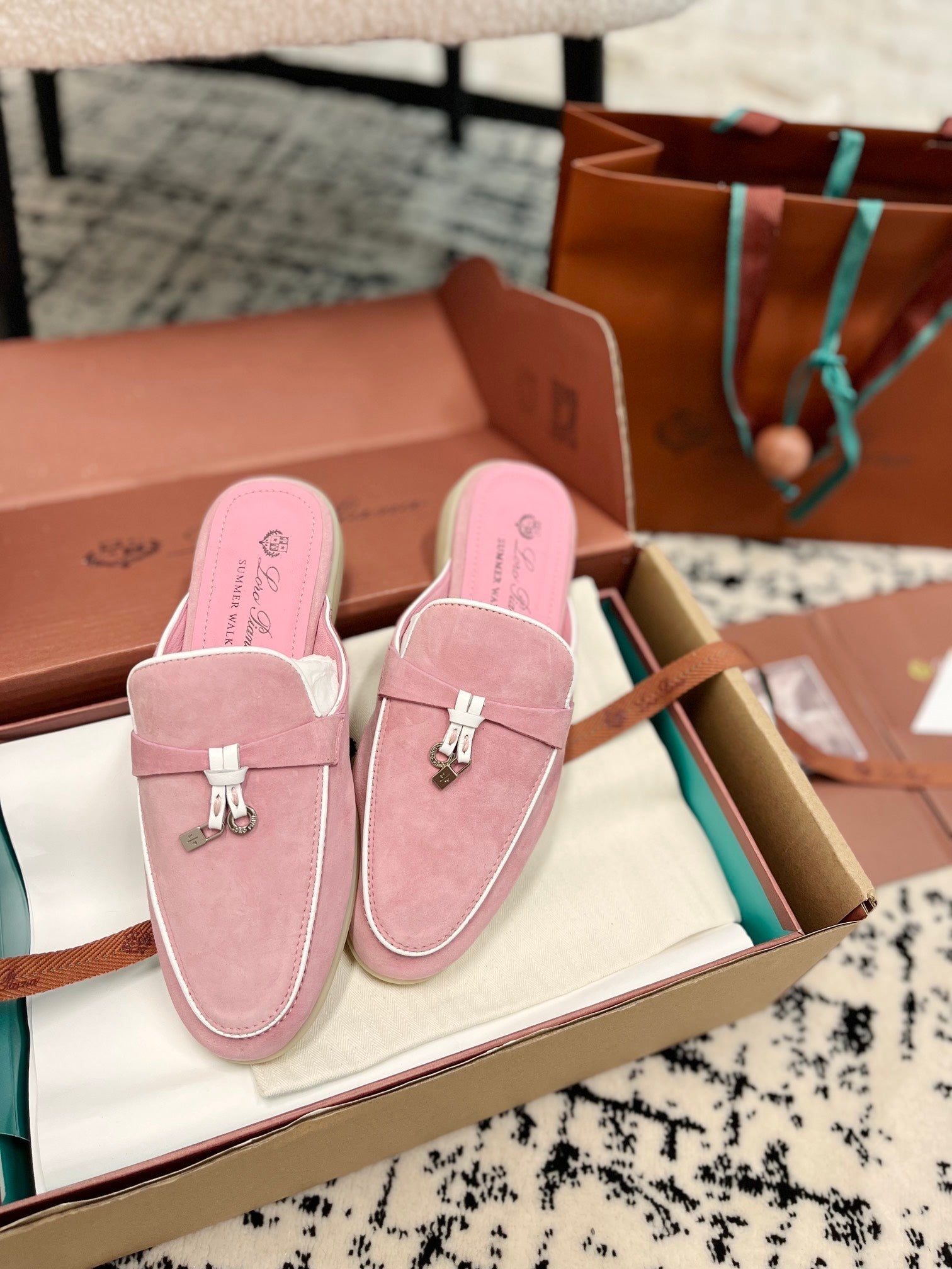 Loro Piana Pink Suede Charms Walk Flat Mules