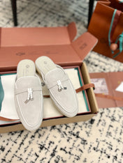 Loro Piana Grey White Suede Charms Walk Flat Mules