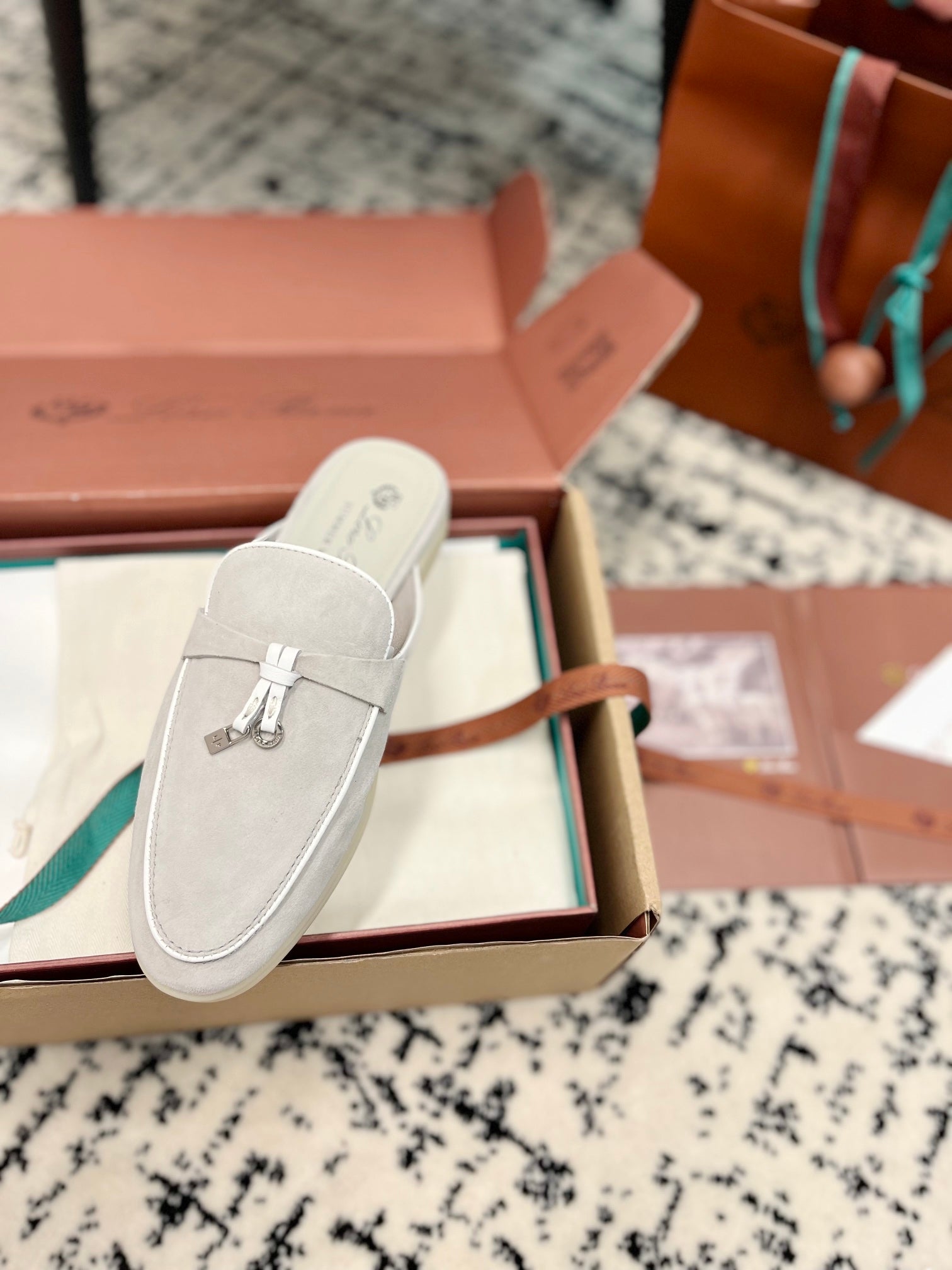 Loro Piana Grey White Suede Charms Walk Flat Mules