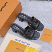 LV 26S BLOCK HEEL MULE SANDALS 55MM IN BLACK MONOGRAM CALFSKIN GOLD HARDWARE