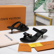 LV 26S SLIDE HEELS 40MM IN BLACK SATIN WITH BOW