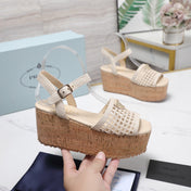 PRADA 26S WEDGE SANDALS IN CREAM WHITE CROCHET AND LEATHER