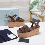 PRADA 26S WEDGE SANDALS IN DARK BROWN CROCHET AND LEATHER