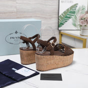 PRADA 26S WEDGE SANDALS IN DARK BROWN CROCHET AND LEATHER