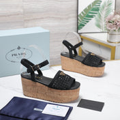 PRADA 26S WEDGE SANDALS IN BLACK CROCHET AND LEATHER