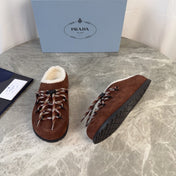 PRADA 26S WOVEN MULES IN DARK BROWN SUEDE