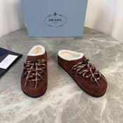 PRADA 26S WOVEN MULES IN DARK BROWN SUEDE