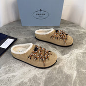 PRADA 26S WOVEN MULES IN DARK BEIGE SUEDE