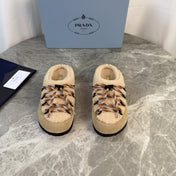 PRADA 26S WOVEN MULES IN BEIGE WOOL MIX SUEDE