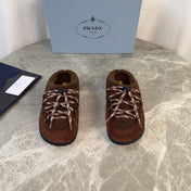 PRADA 26S WOVEN MULES IN DARK BROWN WOOL MIX SUEDE