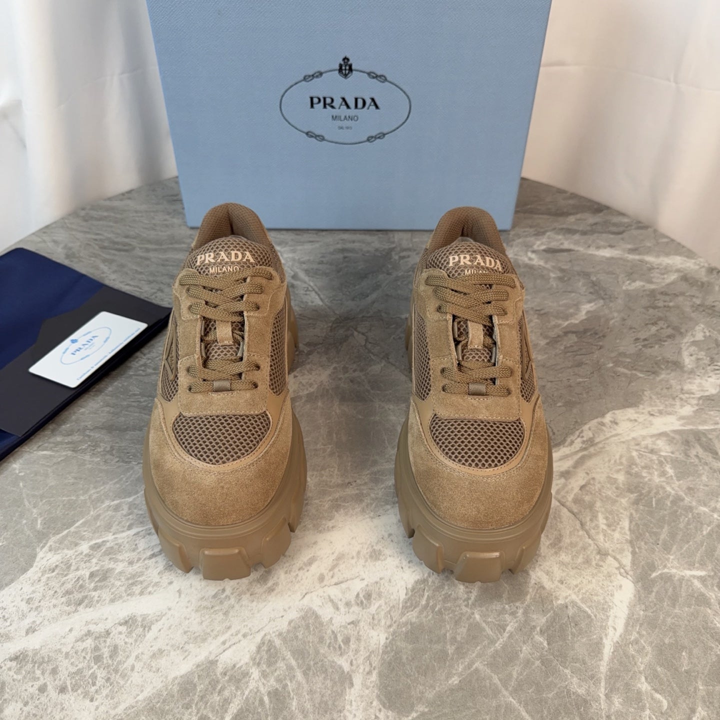 PRADA 26S GEAR SOLE SNEAKERS IN KHAKI BROWN SUEDE AND MESH