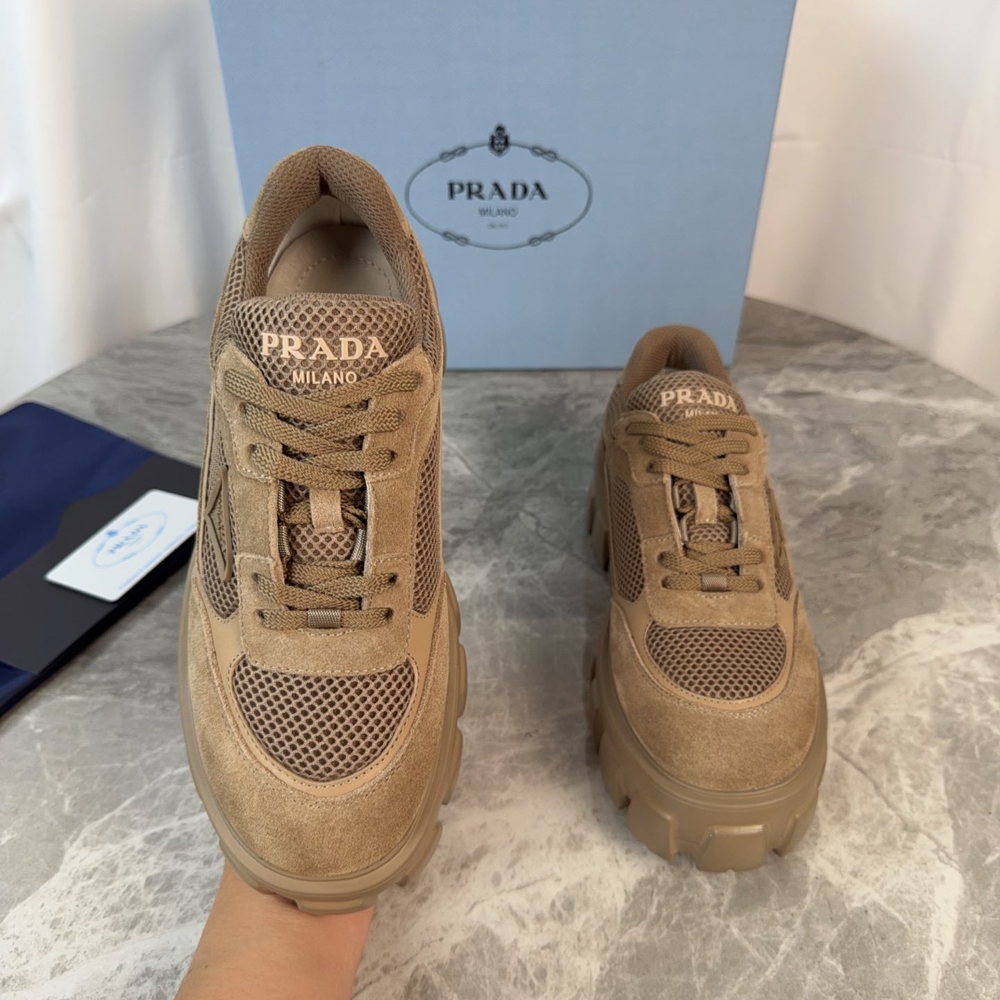 PRADA 26S GEAR SOLE SNEAKERS IN KHAKI BROWN SUEDE AND MESH
