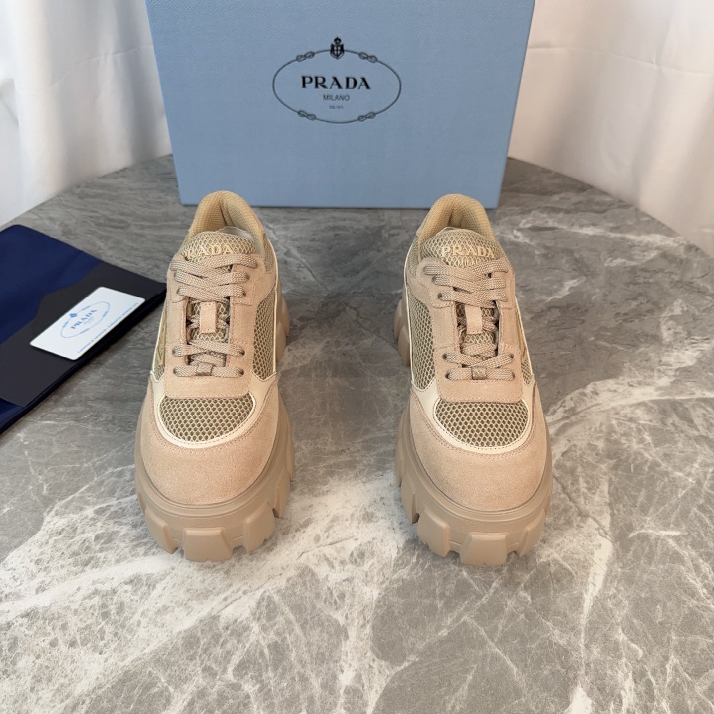PRADA 26S GEAR SOLE SNEAKERS IN BEIGE SUEDE AND MESH
