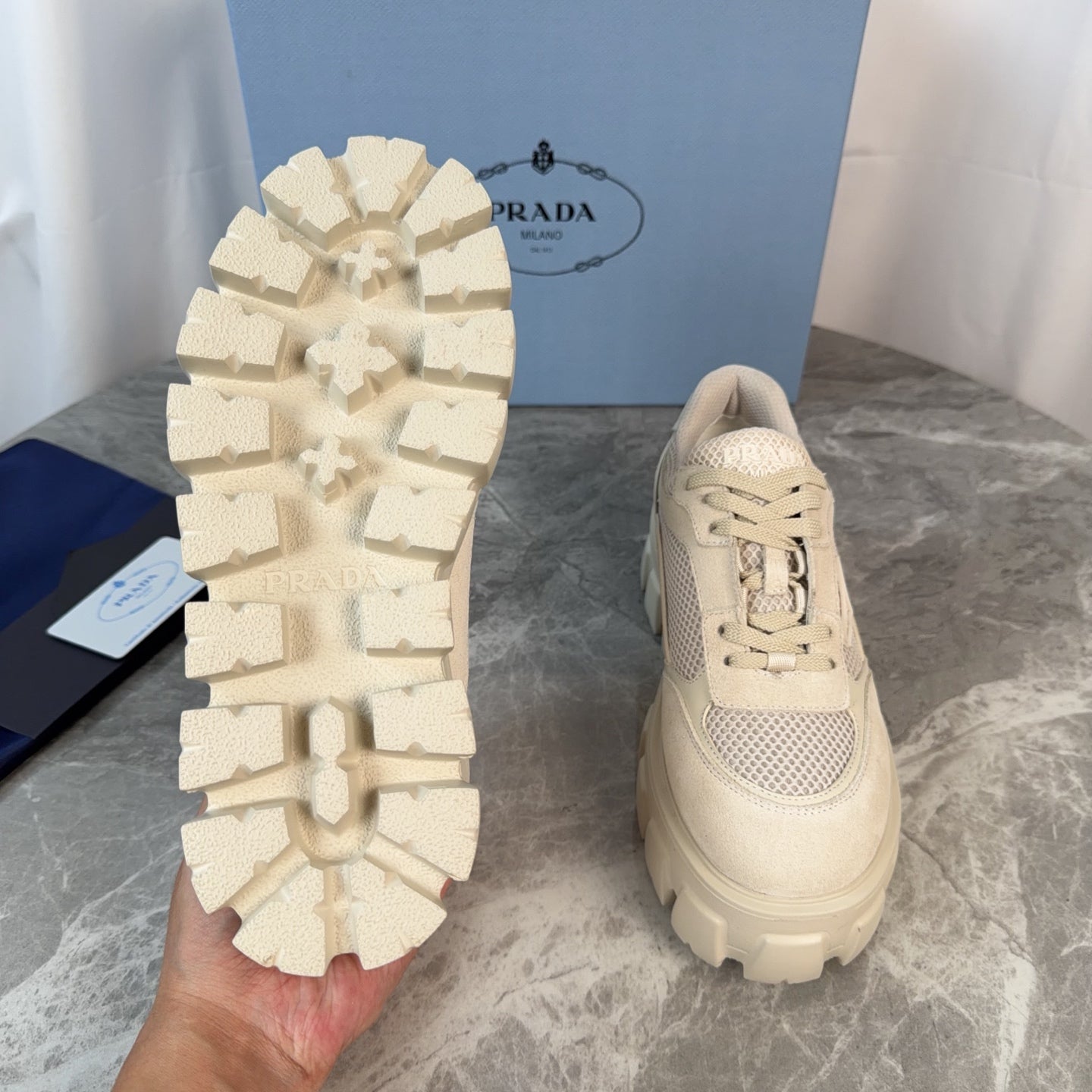 PRADA 26S GEAR SOLE SNEAKERS IN LIGHT BEIGE SUEDE AND MESH