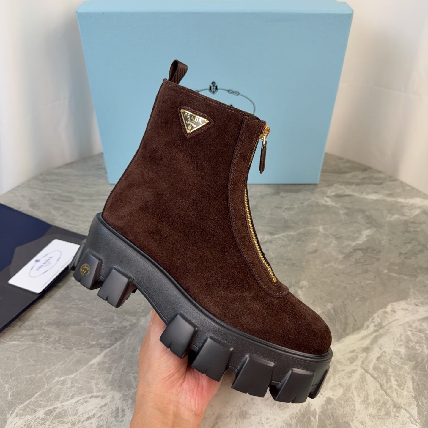 PRADA 26S ZIP-UP ANKLE BOOTS IN CHOCOLATE BROWN SUEDE