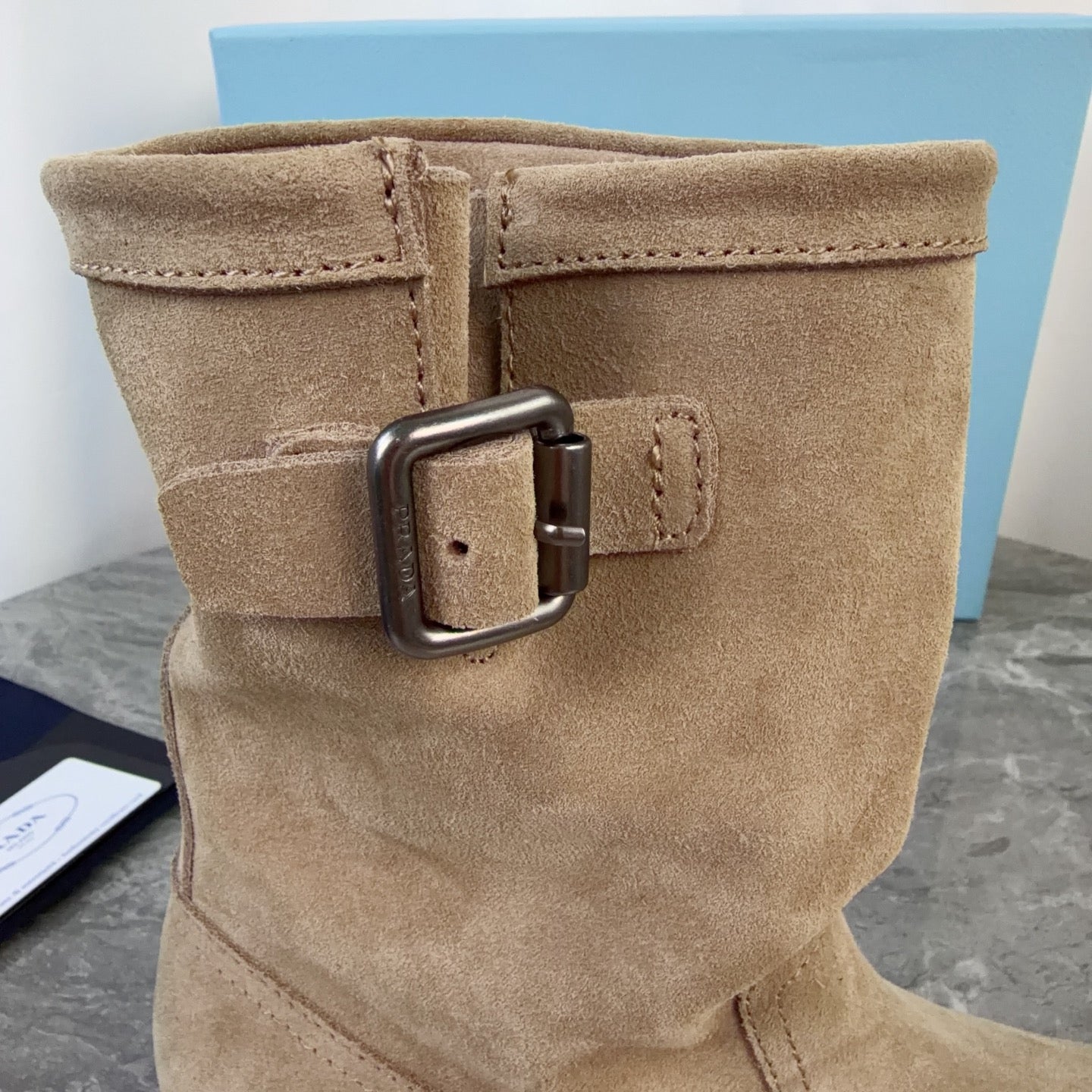 PRADA 26S ANKLE BIKER BOOTS IN BEIGE SUEDE