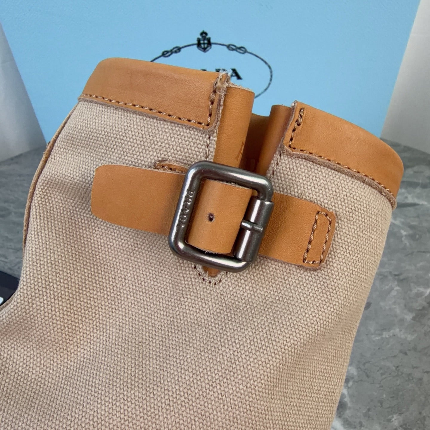 PRADA 26S BOOTS IN BEIGE CANVAS AND CAMEL CALFSKIN