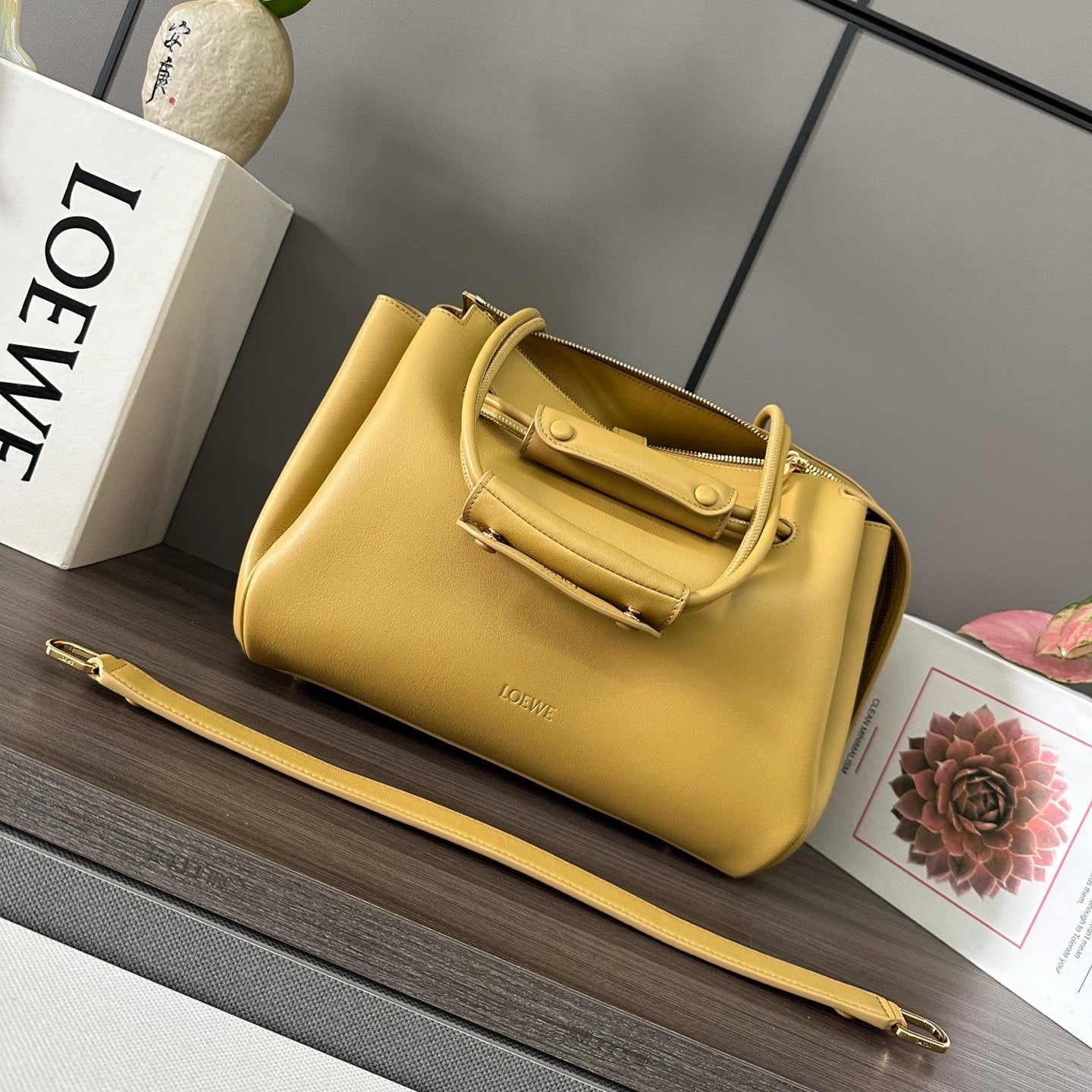 LOEWE 25S MADRID BAG 28 IN SAND YELLOW CALFSKIN GOLD HARDWARE