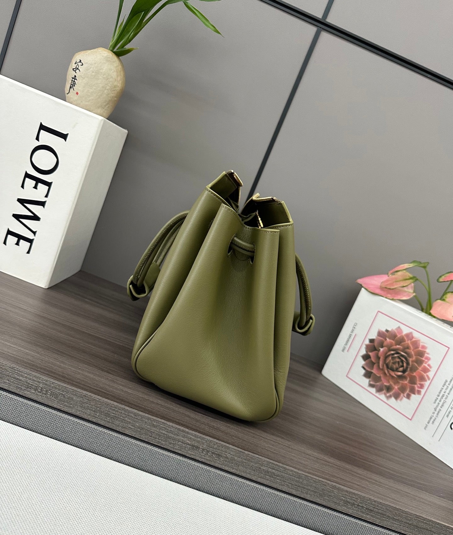 LOEWE 25S MADRID BAG 28 IN OLIVE GREEN CALFSKIN GOLD HARDWARE
