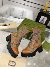 GG LACE-UP SHORT BOOTS IN CINNAMON BROWN CANVAS MIX CALFSKIN
