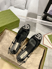 METALIC SLINGBACK FLATS IN BLACK CALFSKIN