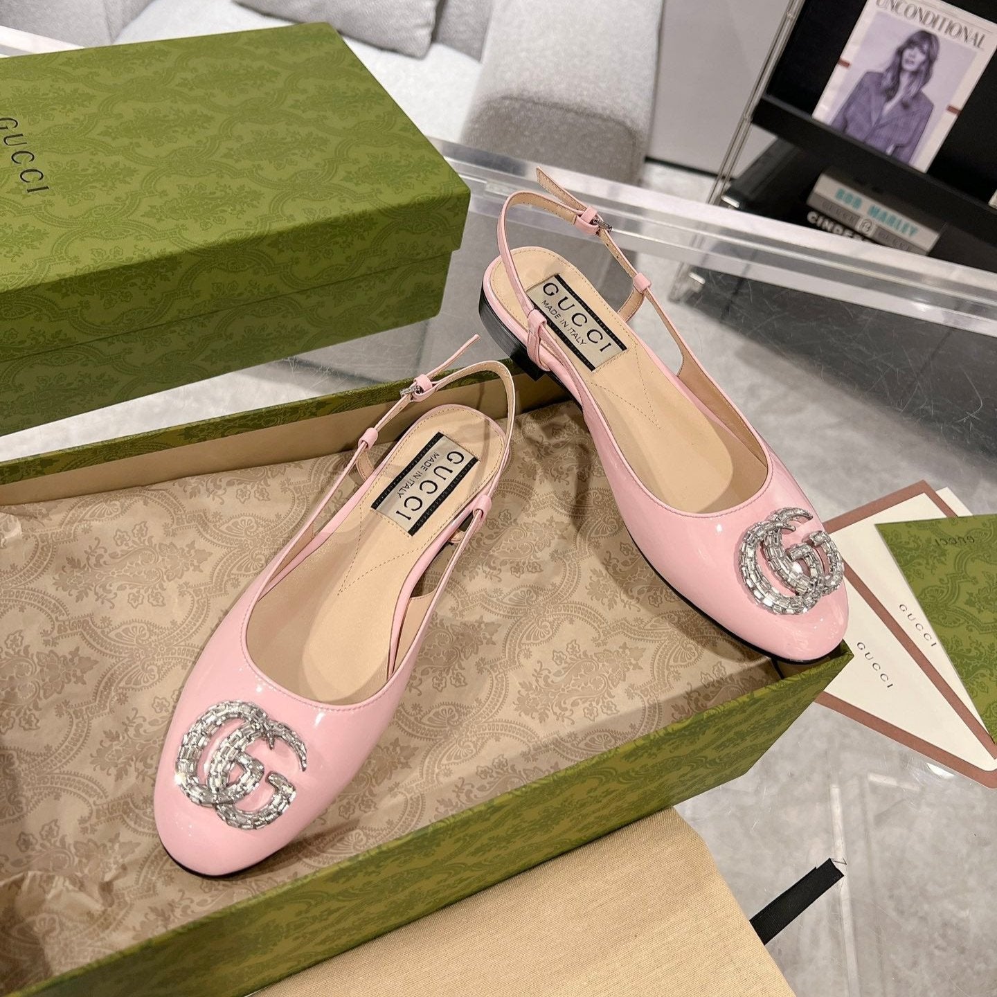 METALIC SLINGBACK FLATS IN ROSE PINK CALFSKIN