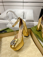 HIGH SANDAL SQUARE HEEL 12 CM IN GOLD CALFSKIN