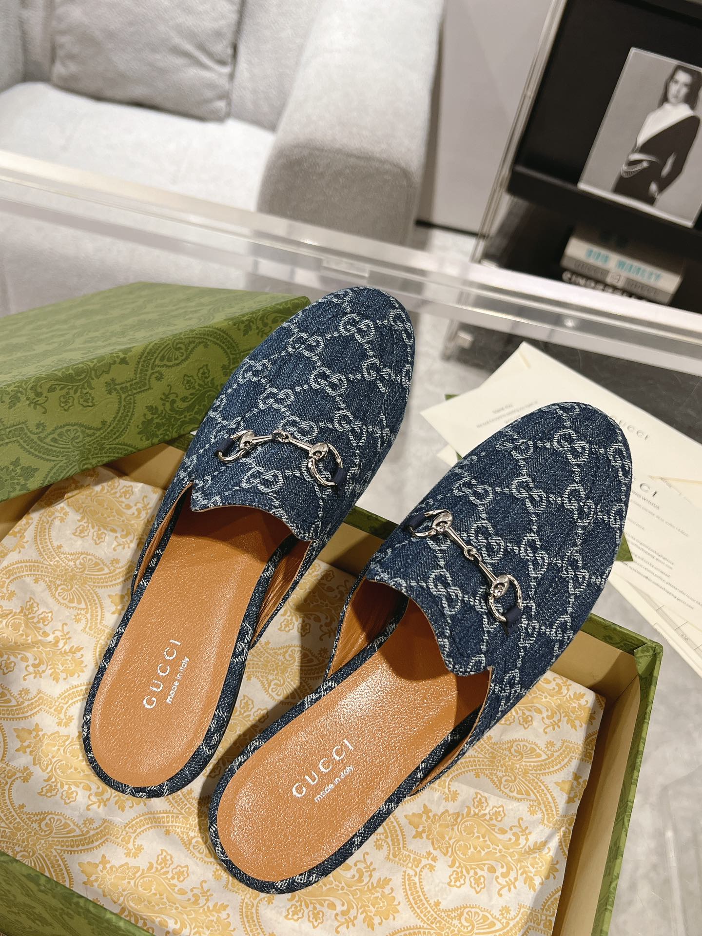 MEN'S MULE WITH HORSEBIT IN DENIM BLUE MONOGRAM JACQUARD FABRIC
