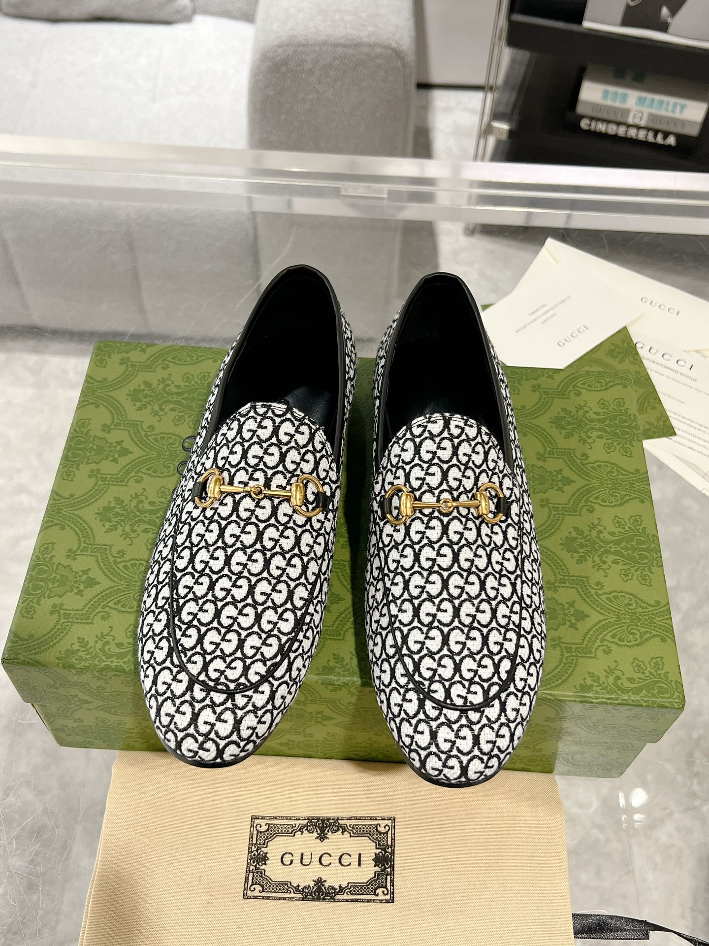 MEN'S LOAFER WITH HORSEBIT IN BLACK MIX WHITE MONOGRAM JACQUARD FABRIC