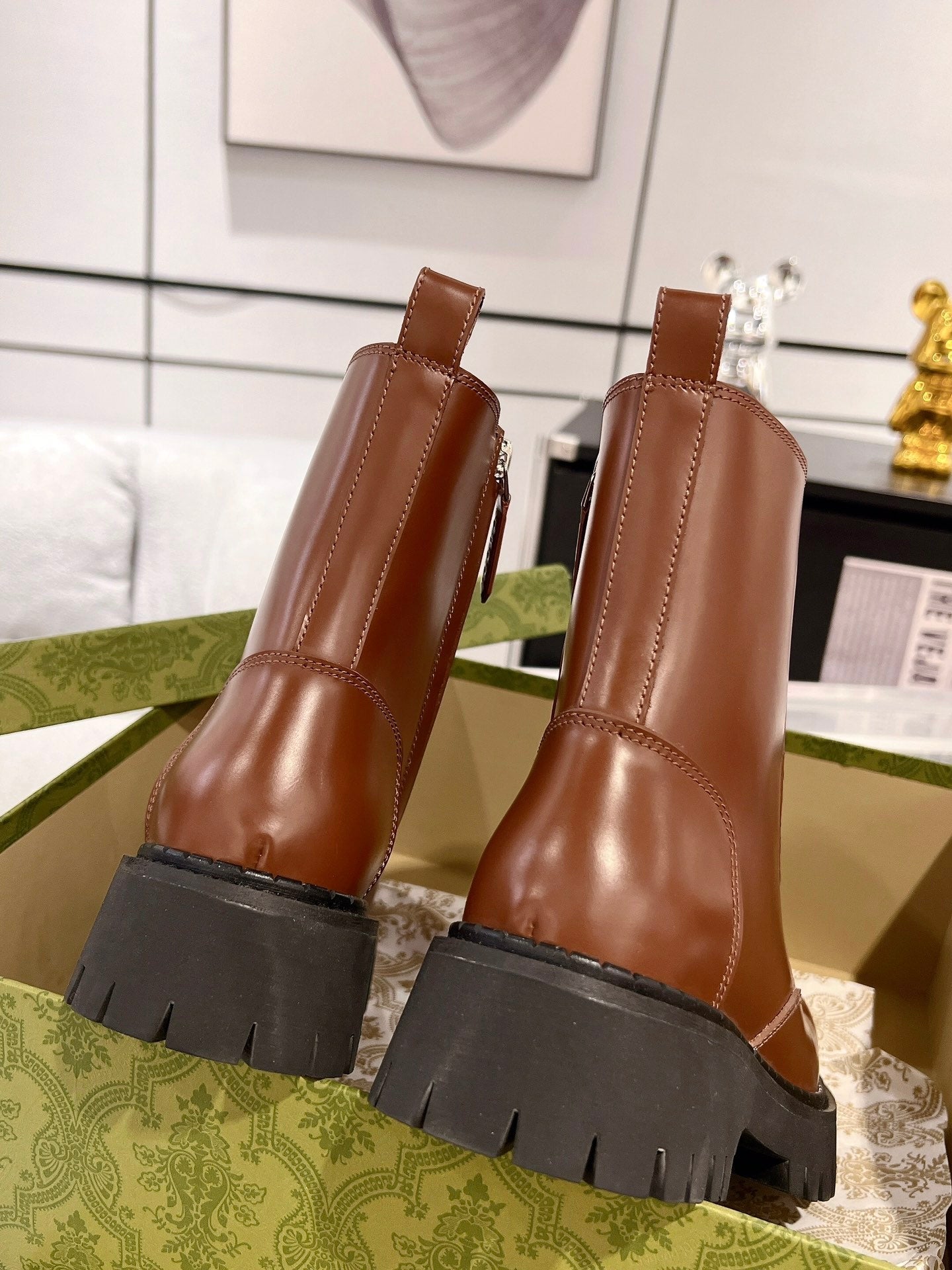 GG WEB ANKLE BOOTS IN CINNAMON BROWN CALFSKIN