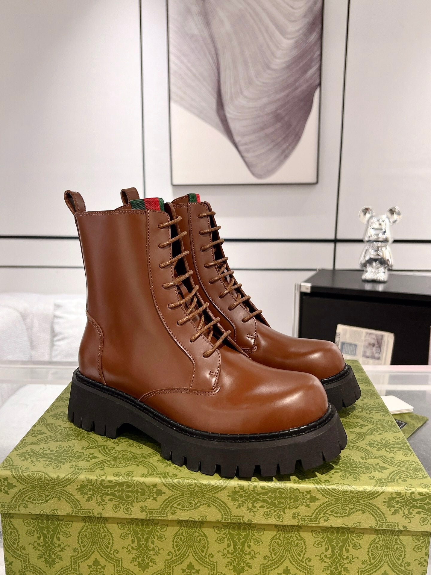GG WEB ANKLE BOOTS IN CINNAMON BROWN CALFSKIN