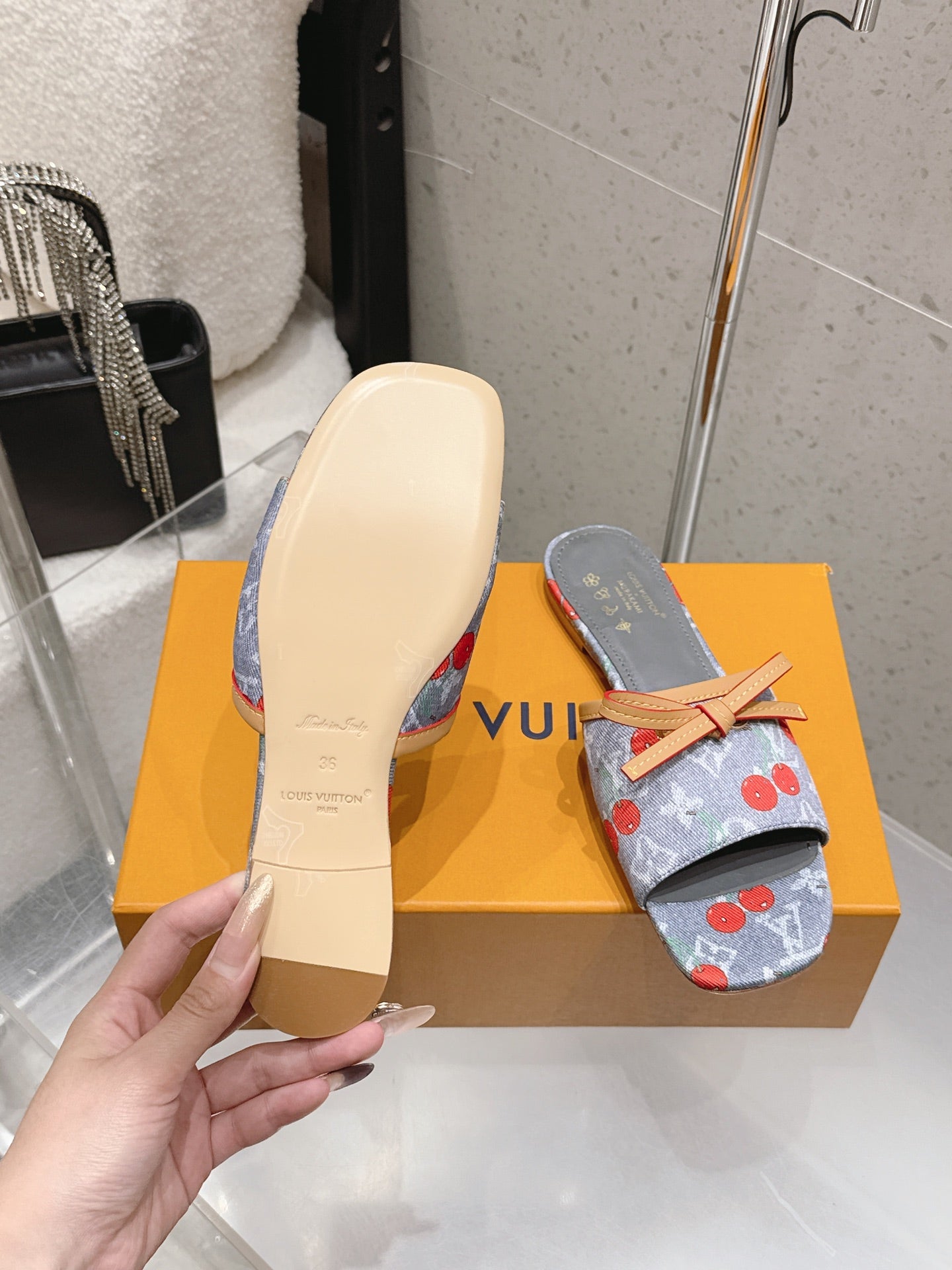 LV 26S FLAT MULE SANDALS IN GREY MONOGRAM DENIM WITH CHERRY PRINT