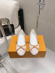 LV 26S BALLET FLATS IN WHITE PINK MONOGRAM CANVAS WITH BEIGE CALFSKIN BOW