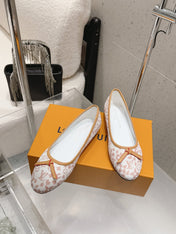 LV 26S BALLET FLATS IN WHITE PINK MONOGRAM CANVAS WITH BEIGE CALFSKIN BOW