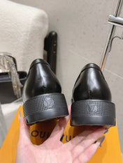 LV 26S PLATFORM LOAFERS IN BLACK CALFSKIN AND BROWN MONOGRAM CANVAS GOLD HARDWARE