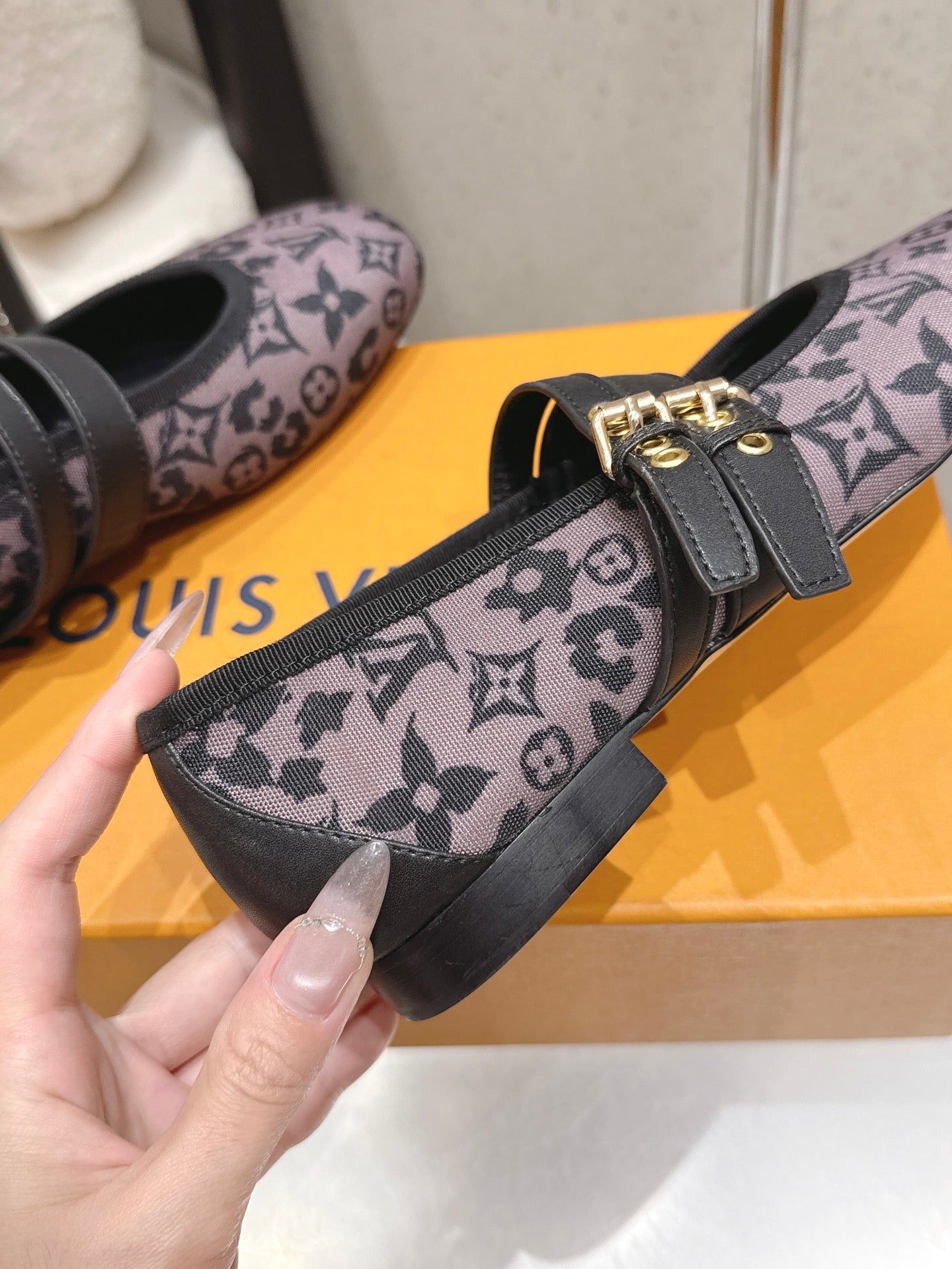 LV 26S MARY JANE FLATS IN BLACK AND PURPLE MONOGRAM CANVAS WITH DOUBLE STRAP