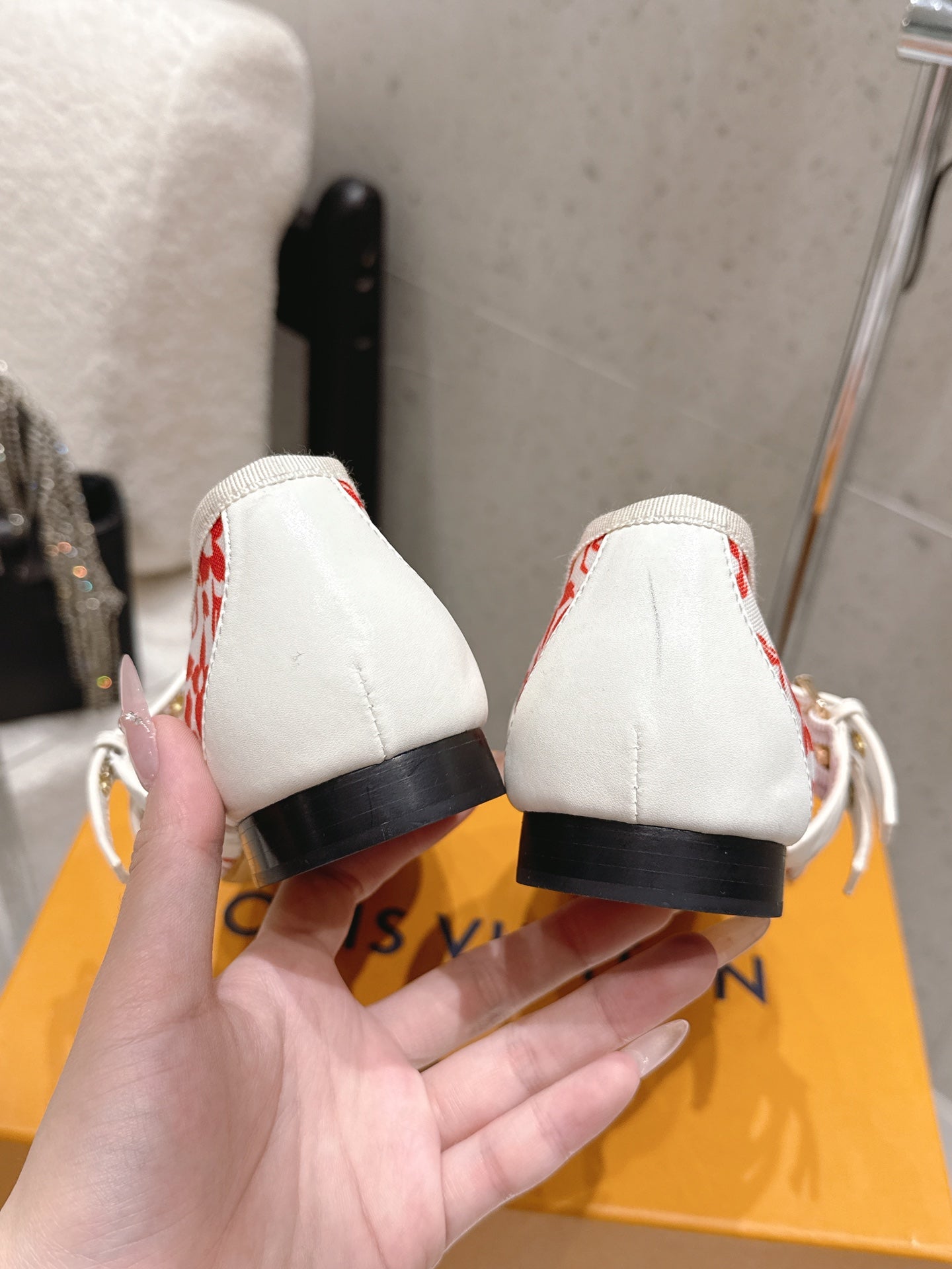 LV 26S MARY JANE FLATS IN WHITE AND RED MONOGRAM CANVAS WITH DOUBLE STRAP