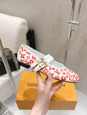 LV 26S MARY JANE FLATS IN WHITE AND RED MONOGRAM CANVAS WITH DOUBLE STRAP