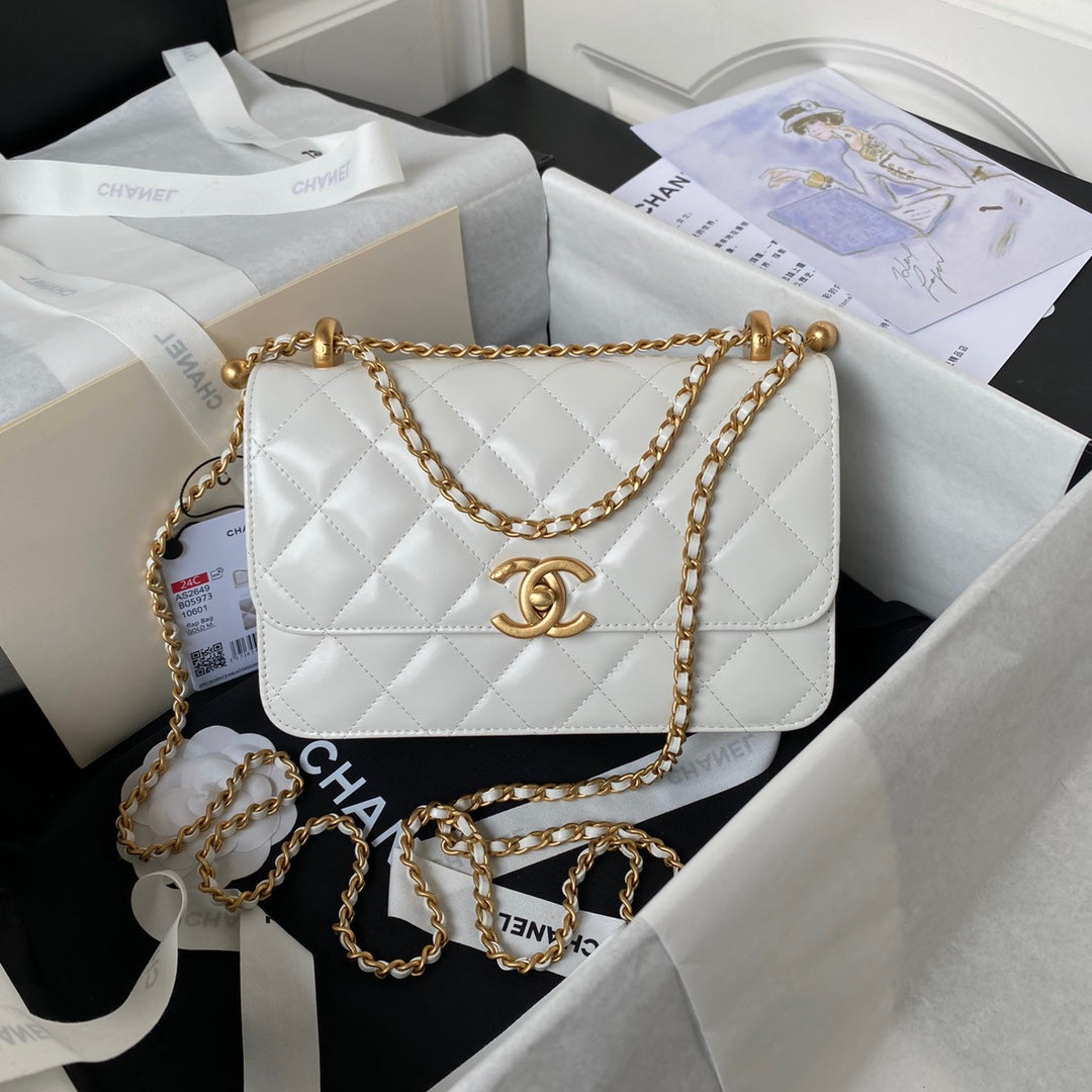 CHANEL 25S MINI FLAP BAG 22 IN WHITE CALFSKIN GOLD HARDWARE