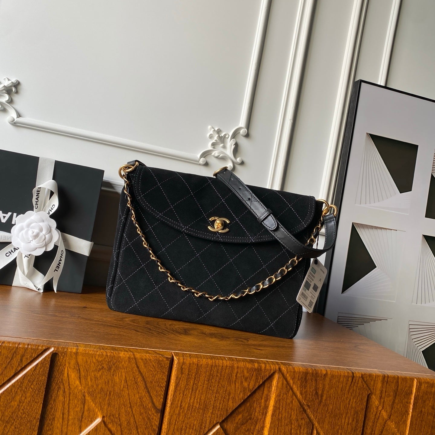 CHANEL 25S SHOULDER BAG 30 IN BLACK SUEDE WITH GOLD HARDWARE