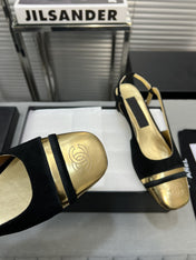 slingback black suede gold metalic lambskin square toe 5.0