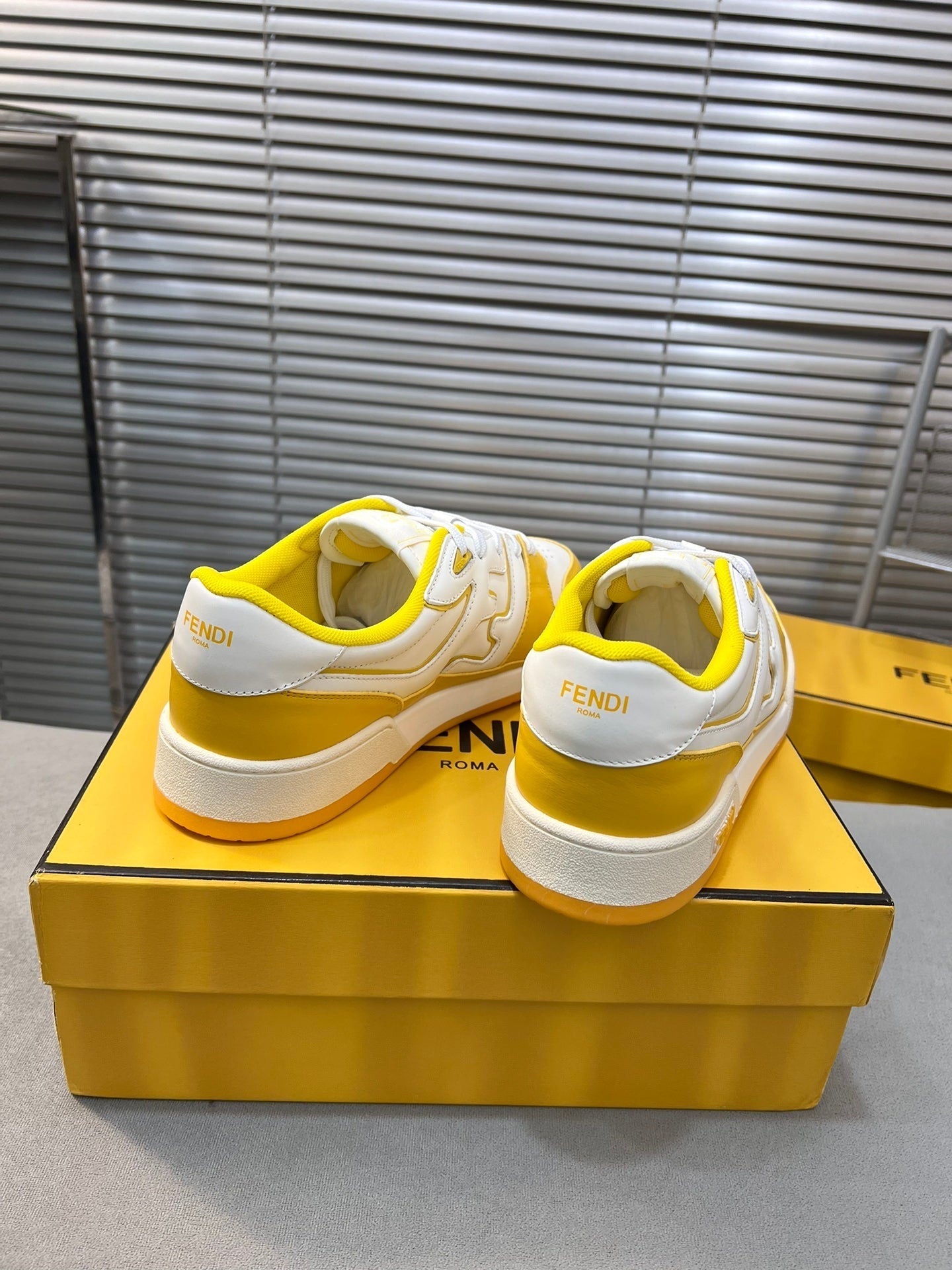 FENDI MATCH LOW TOPS IN BRIGHT YELLOW MIX WHITE CALFSKIN AND MESH