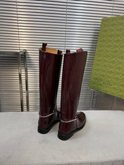SLIM HORSEBIT KNEE BOOTS WITH WEB IN WINE RED GLOSSY CALFSKIN