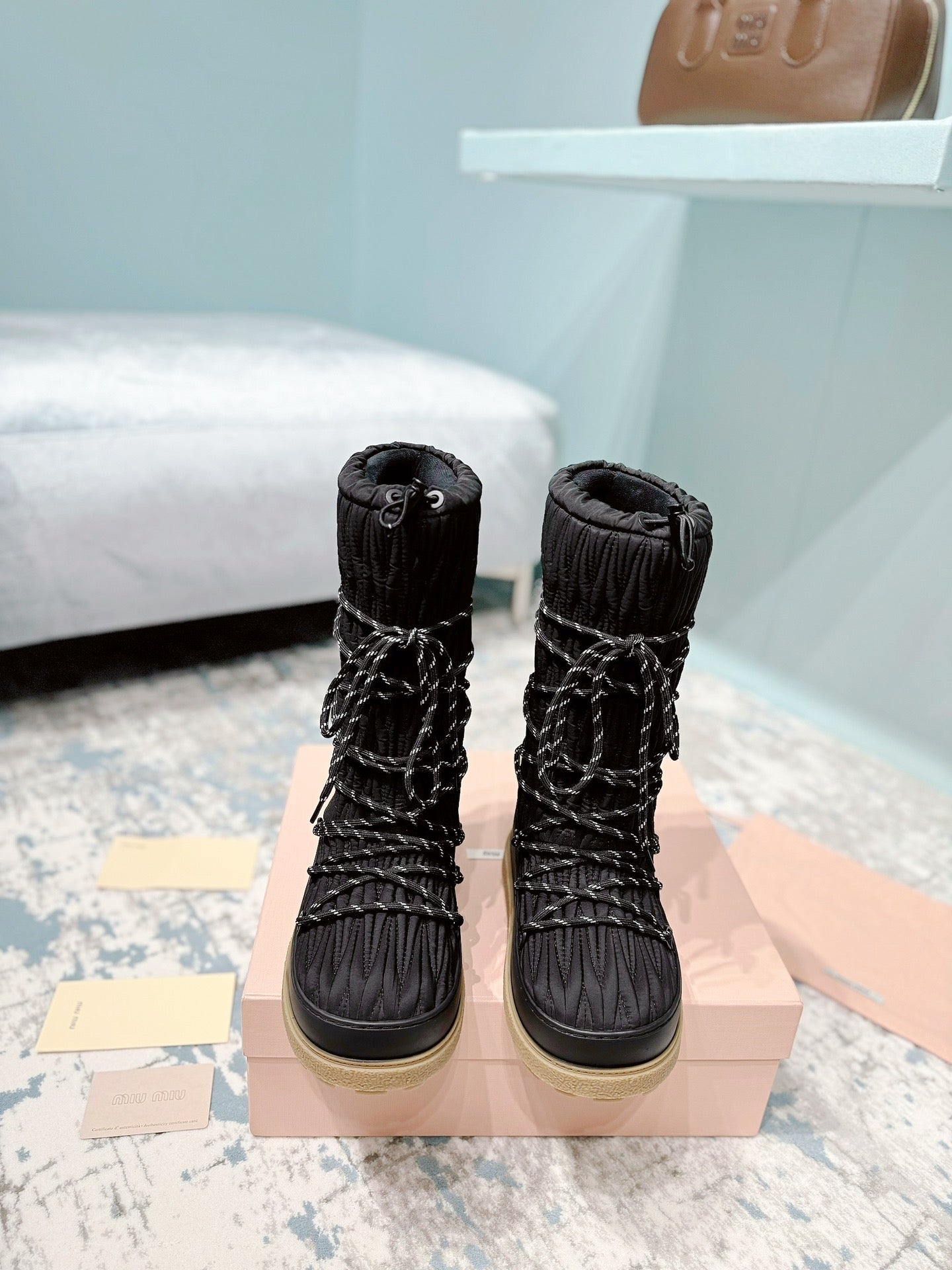 MIUMIU 26S ANKLE SNOW BOOTS IN BLACK FABRIC STYLE 16