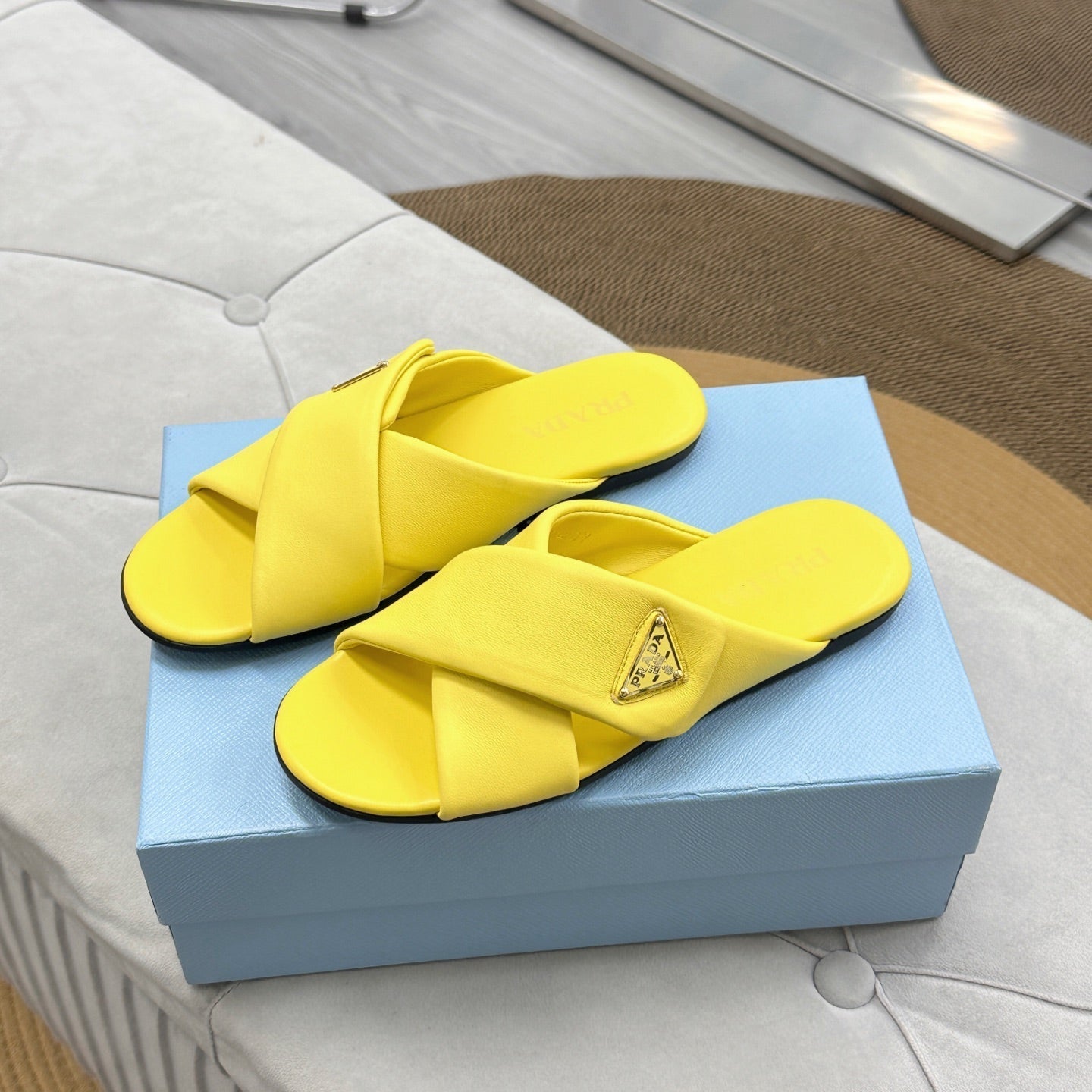 PRADA 25S SLIDE SANDALS IN YELLOW CALFSKIN LOGO