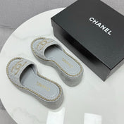 CC WEDGE SOLE SANDALS 25S IN DUSTY BLUE GREY FABRIC WITH LOGO