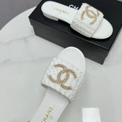 CC SLIDE SANDALS 25S IN WHITE FABRIC AND CALFSKIN WITH LOGO