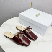 DIOR 26S PEARL-ACCENT BOW FLAT MULES IN DARK RED GLOSSY CALFSKIN