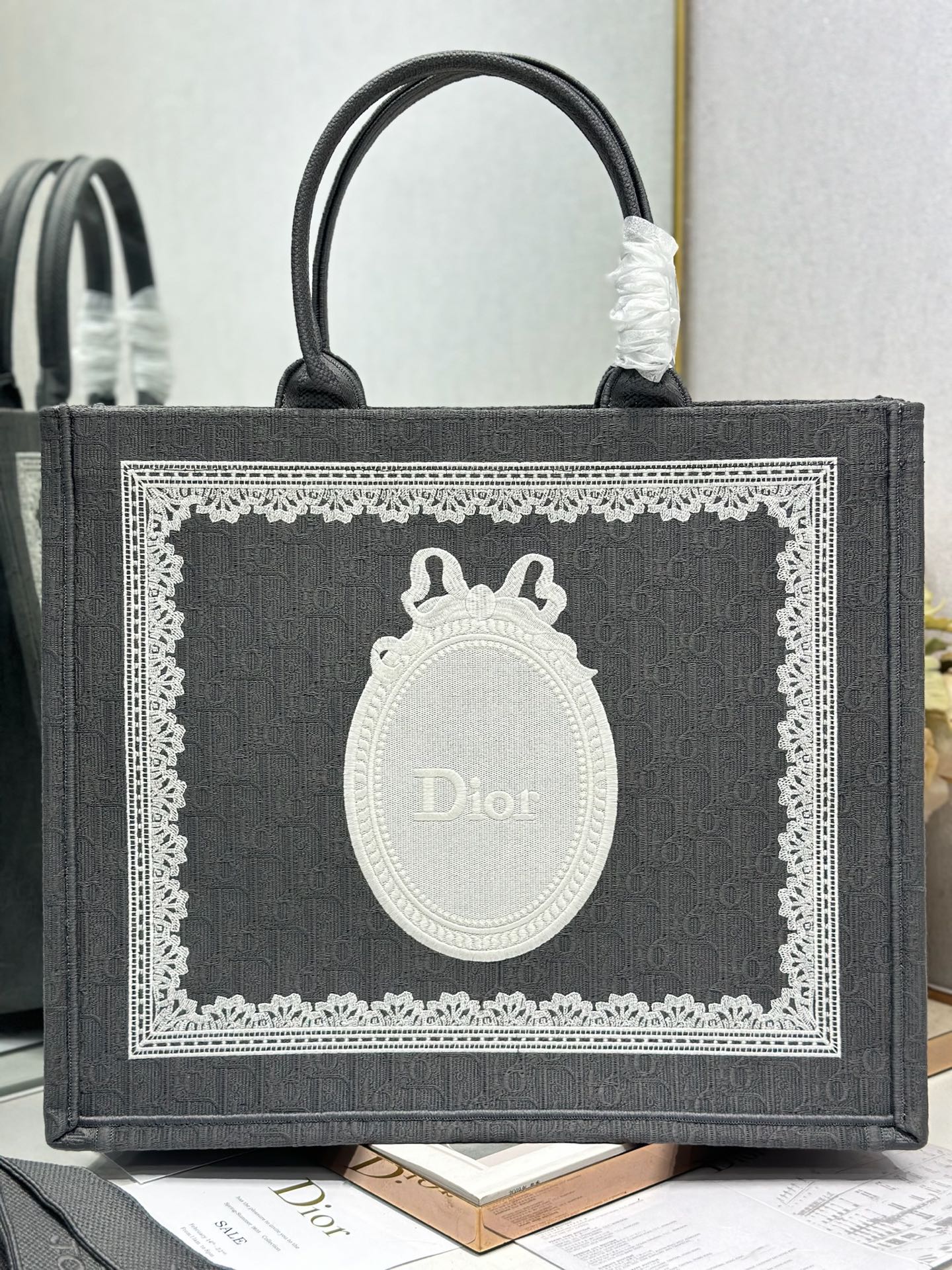 DIOR 26S BOOK TOTE BAG 42 IN GREY AND WHITE LACE BAYADERE FABRIC