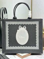 DIOR 26S BOOK TOTE BAG 42 IN GREY AND WHITE LACE BAYADERE FABRIC